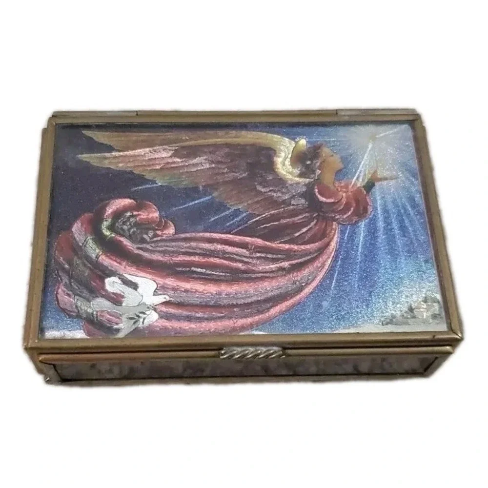 Vintage Mirrored Via Vermont Glass Trinket Box Angel Doves Religious Beautiful‎
